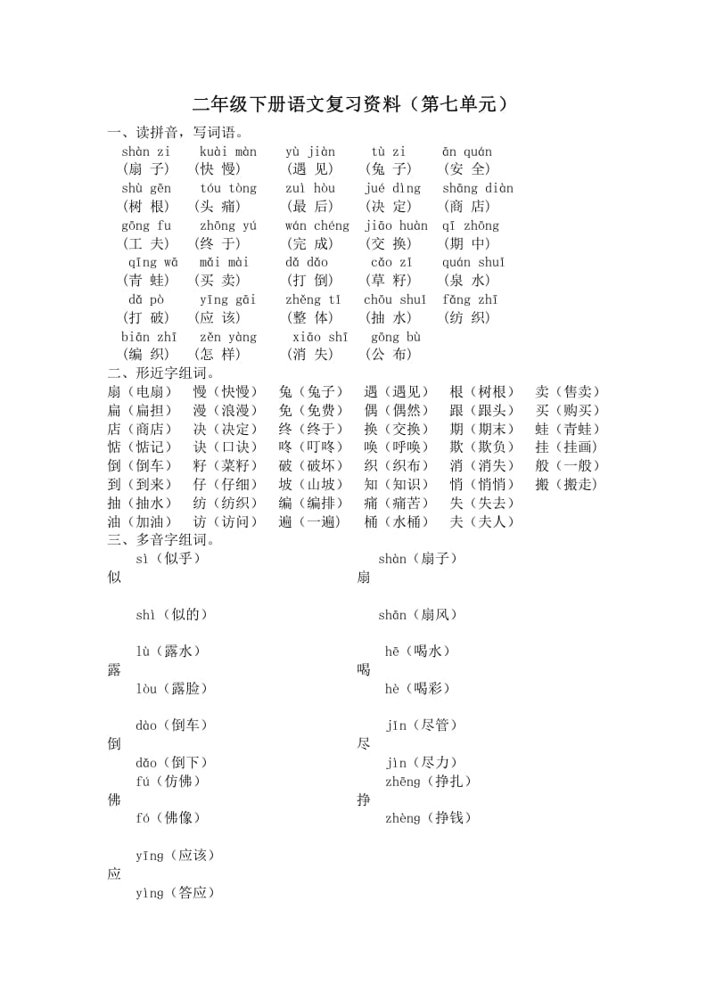 二年级语文下册第七单元复习资料-学科资源库