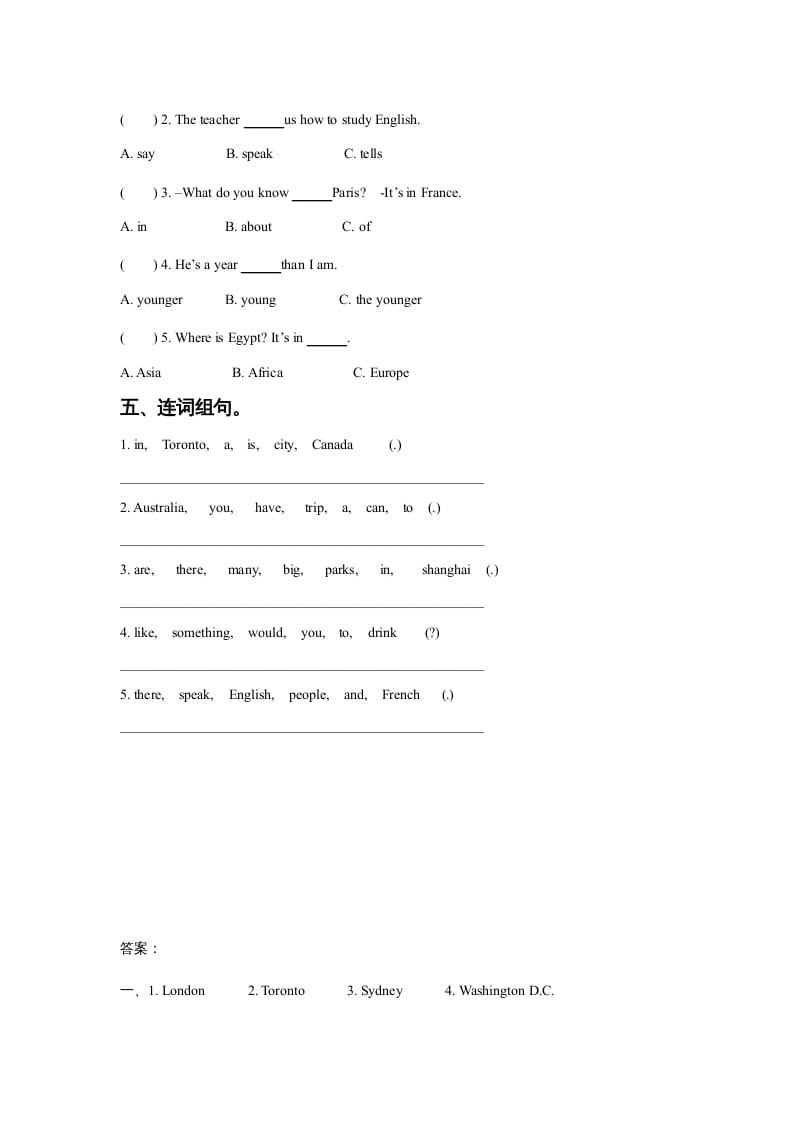 图片[2]-六年级英语上册Unit2AroundtheWorldLesson1同步练习3（人教版一起点）-学科资源库