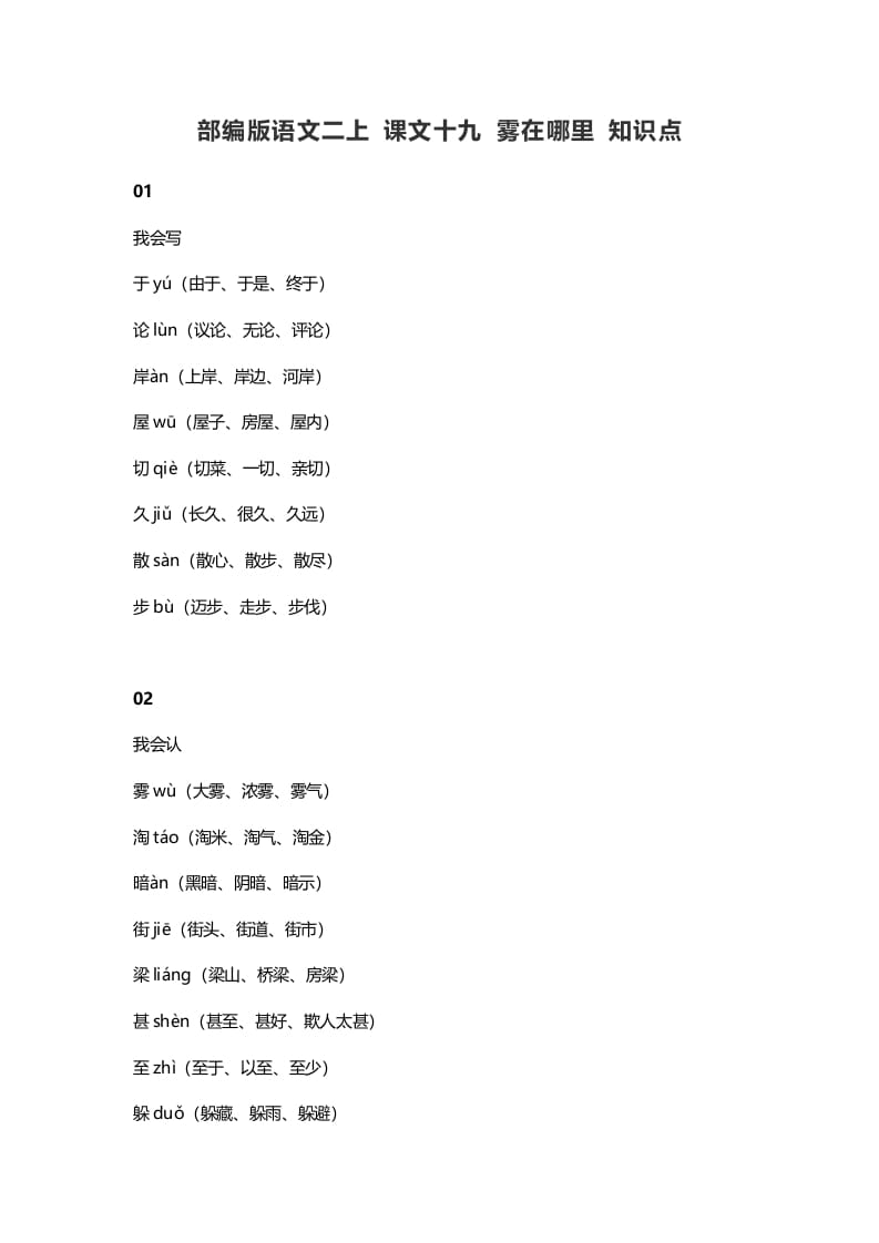 二年级语文上册23二上课文十九雾在哪里知识点（部编）-学科资源库