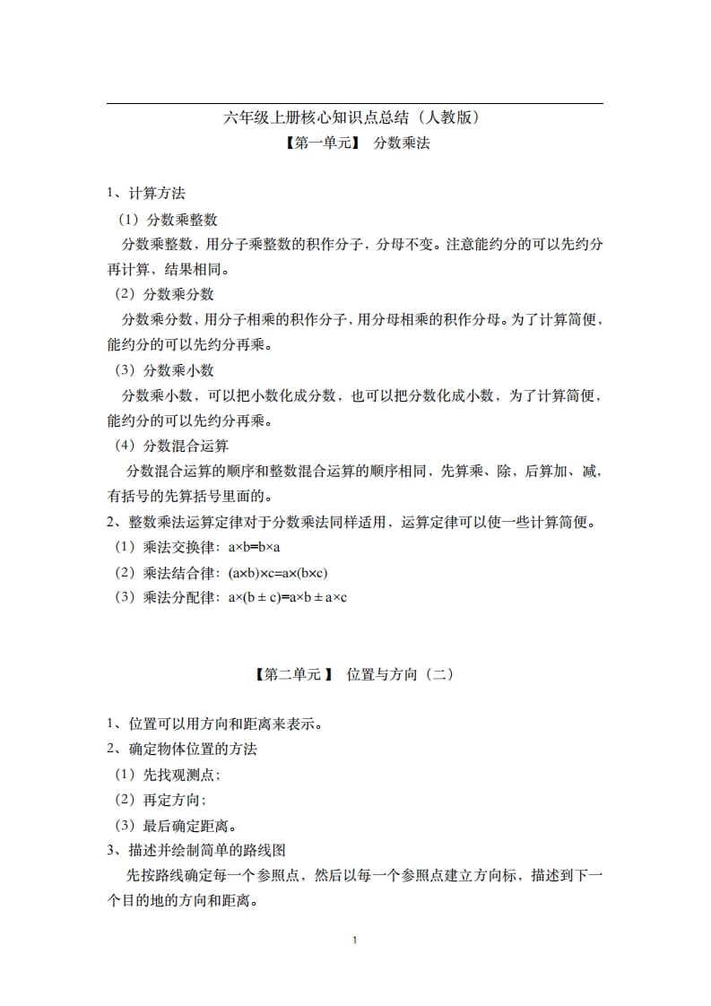 六年级数学上册素材-核心知识点总结人教新课标（人教版）-学科资源库