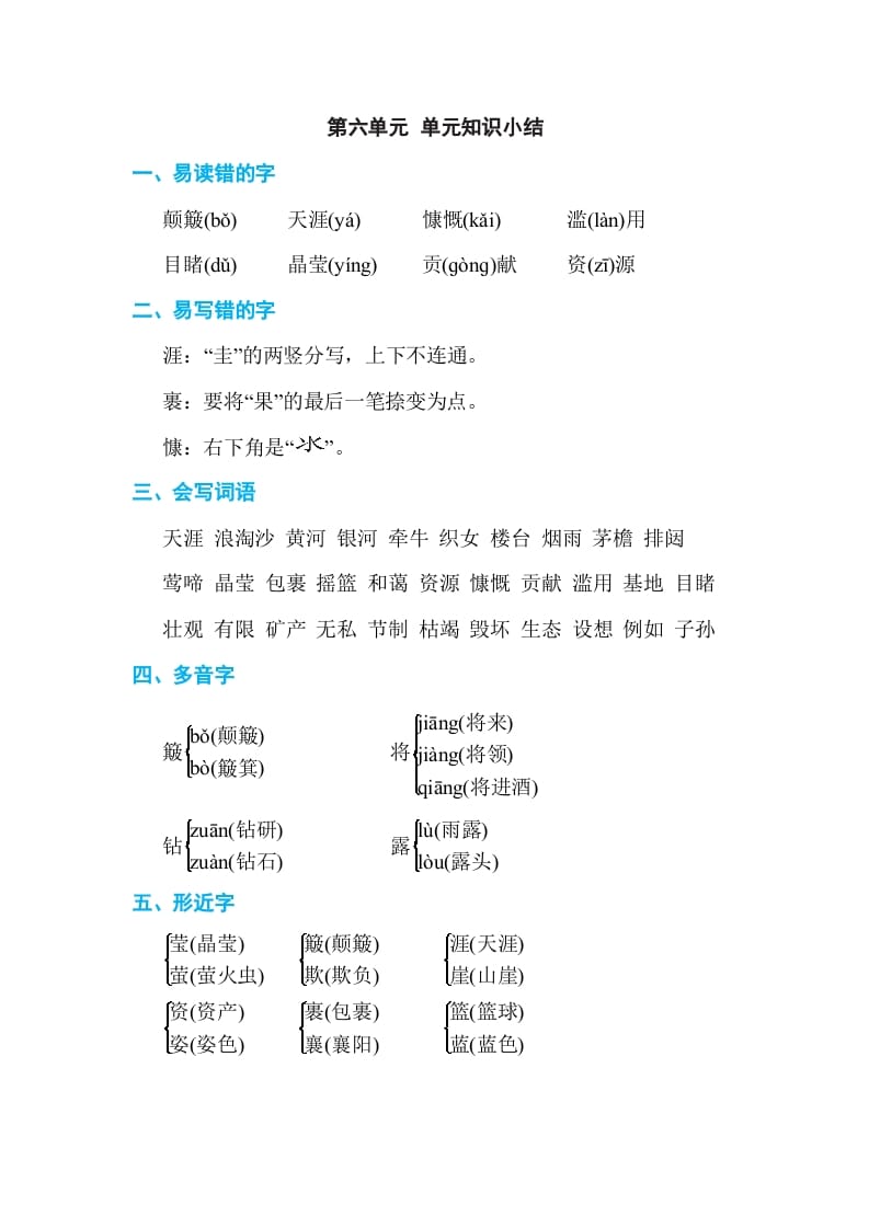 六年级语文上册第六单元单元知识小结（部编版）-学科资源库