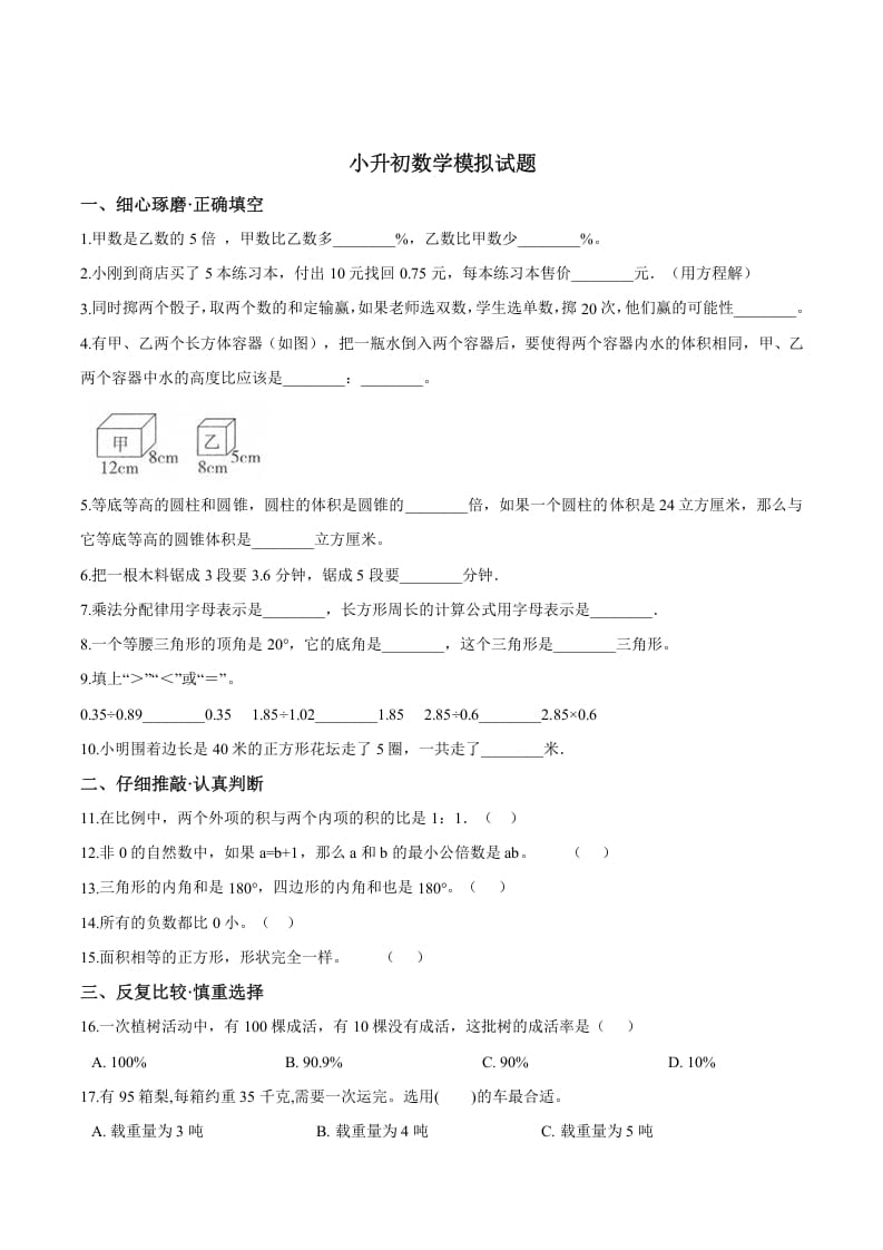 六年级数学下册小升初模拟试题（25）苏教版（含解析）-学科资源库