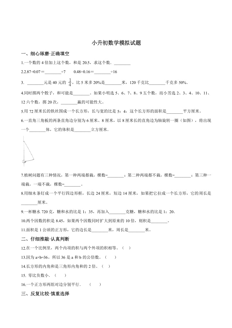 六年级数学下册小升初模拟试题（19）苏教版（含解析）-学科资源库
