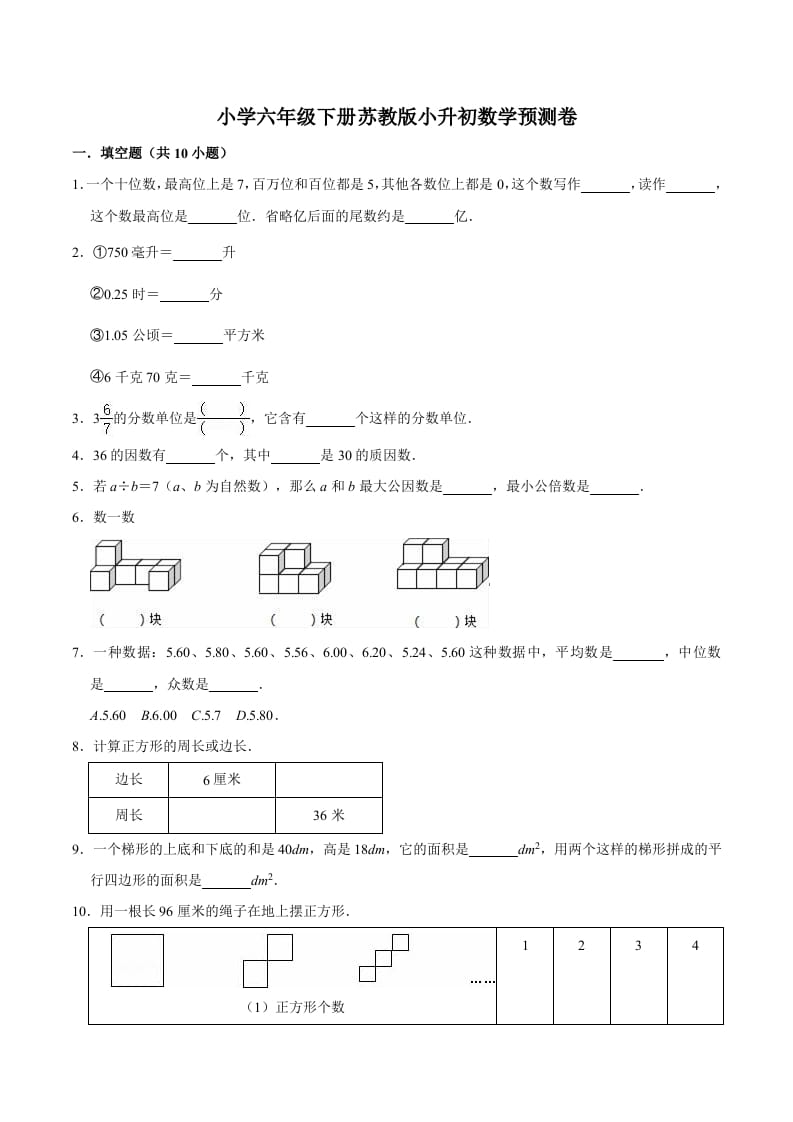 六年级数学下册小升初模拟试题（30）苏教版（含解析）-学科资源库