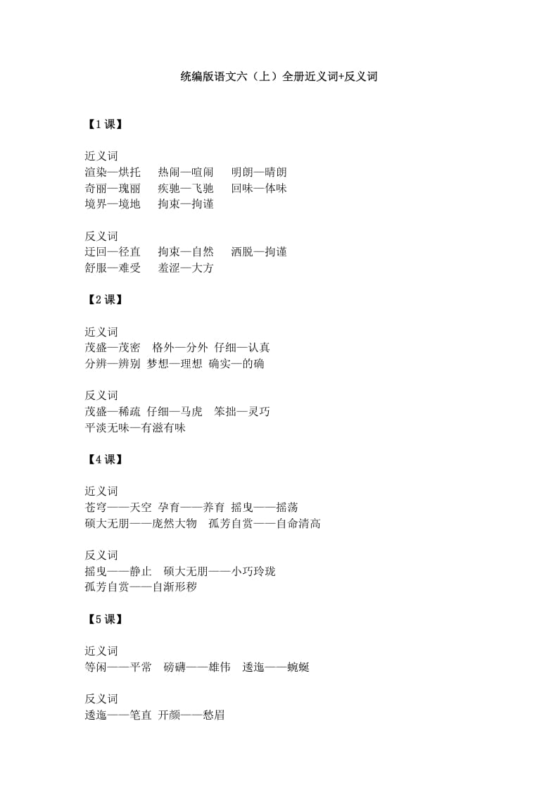 六年级语文上册统编近义词+反义词（部编版）-学科资源库
