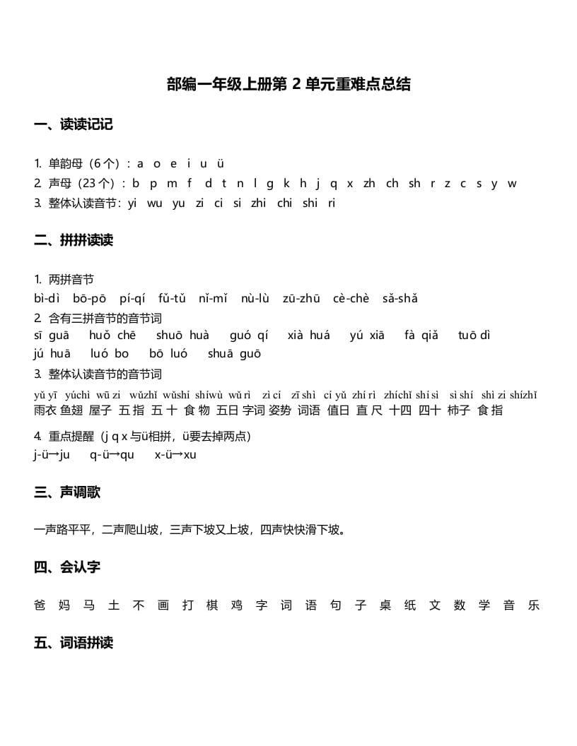 一年级语文上册-第2单元重难点知识总结（部编版）-学科资源库
