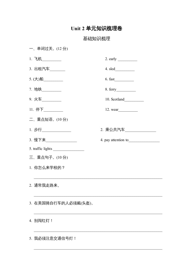 六年级英语上册Unit2单元知识梳理卷（人教版PEP）-学科资源库
