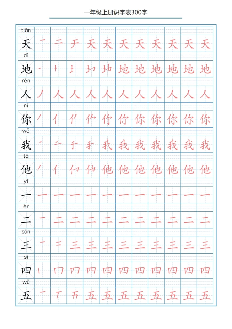 一年级语文上册识字表字帖（300字29页）PDF（部编版）-学科资源库