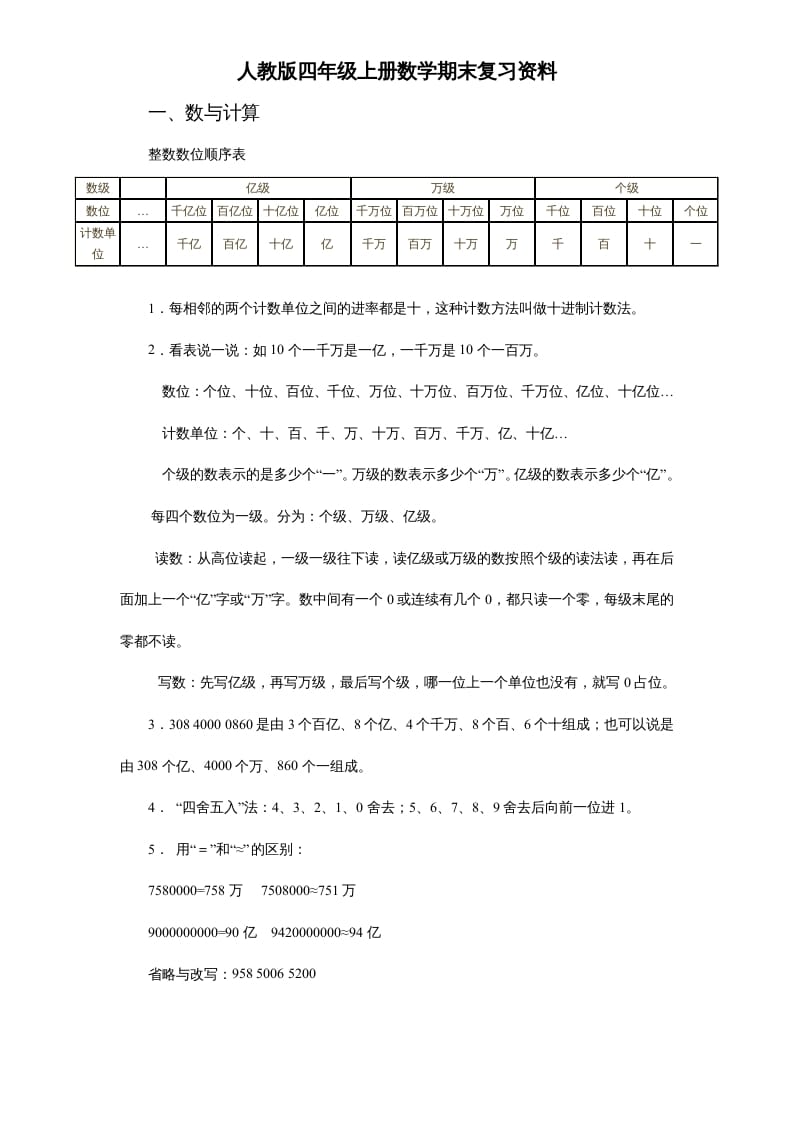 四年级数学上册人教版期末复习资料7页（人教版）-学科资源库