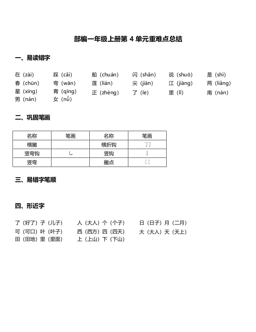 一年级语文上册-第4单元重难点知识总结（部编版）-学科资源库