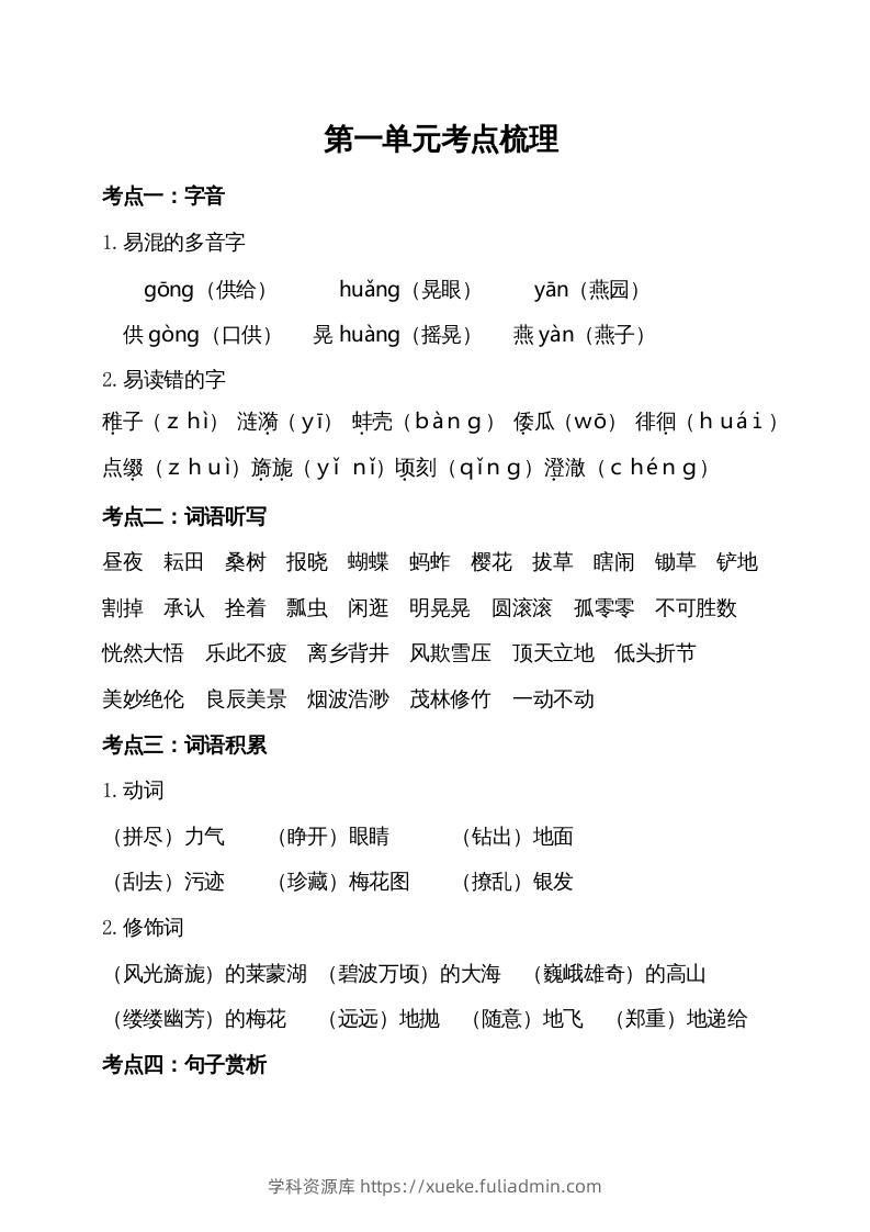 五年级语文下册第一单元考点梳理（部编版）-学科资源库
