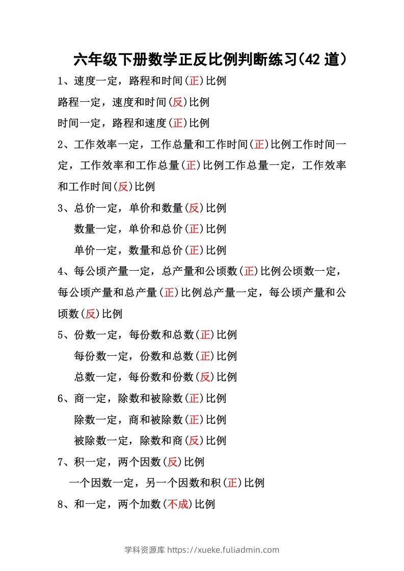 六年级下册数学正反比例专项练习-学科资源库