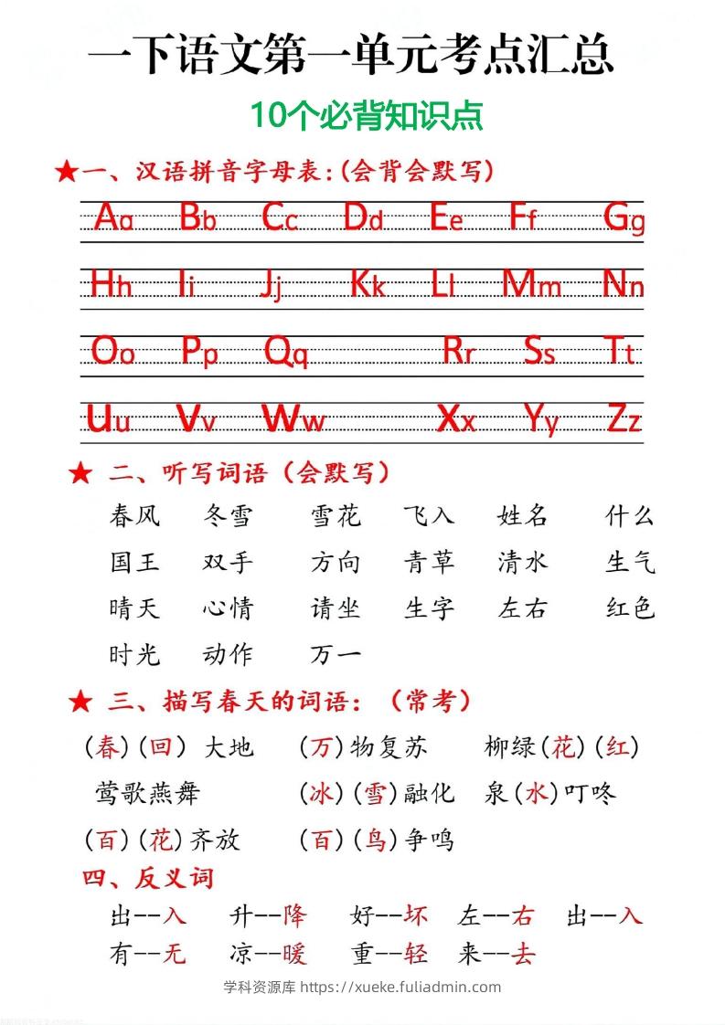 一下语文第一单元10个必备知识点-学科资源库
