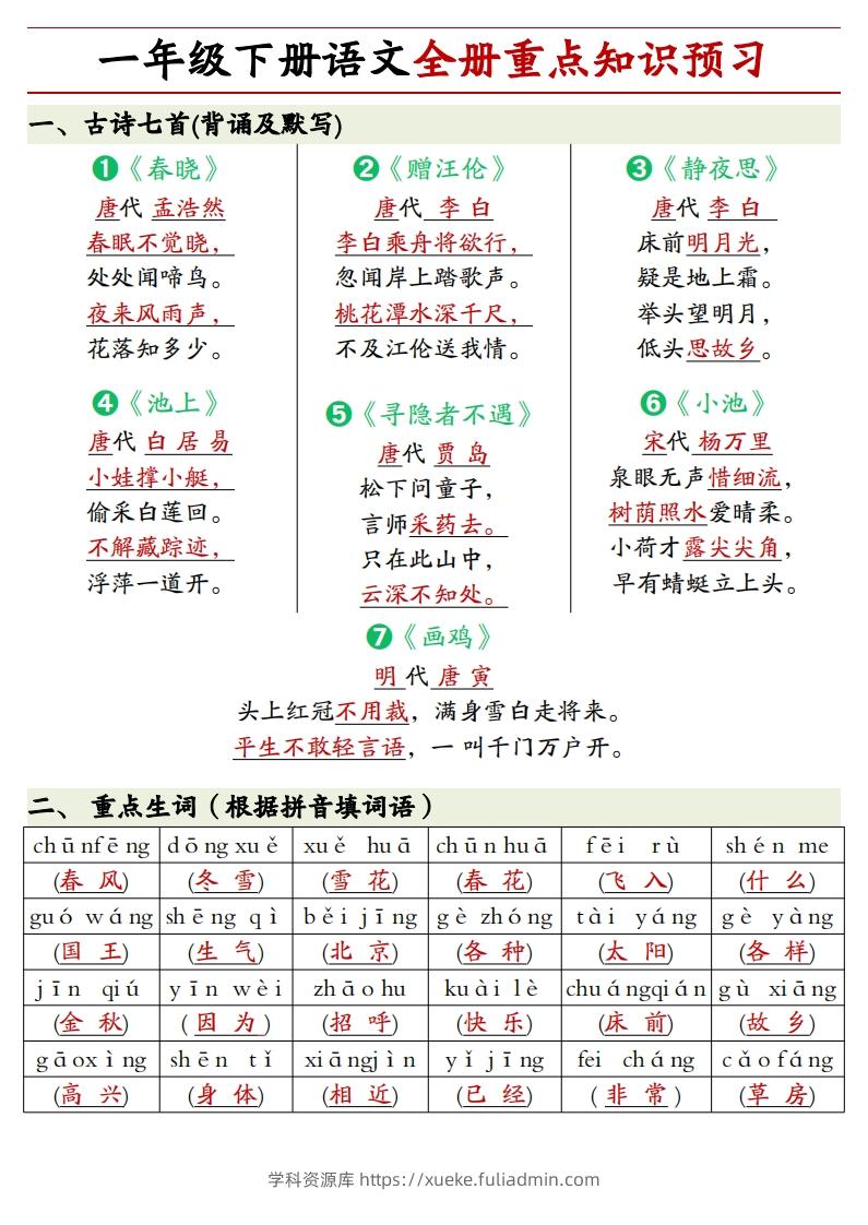 1.27一年级下册语文全册重点知识预习汇总-学科资源库