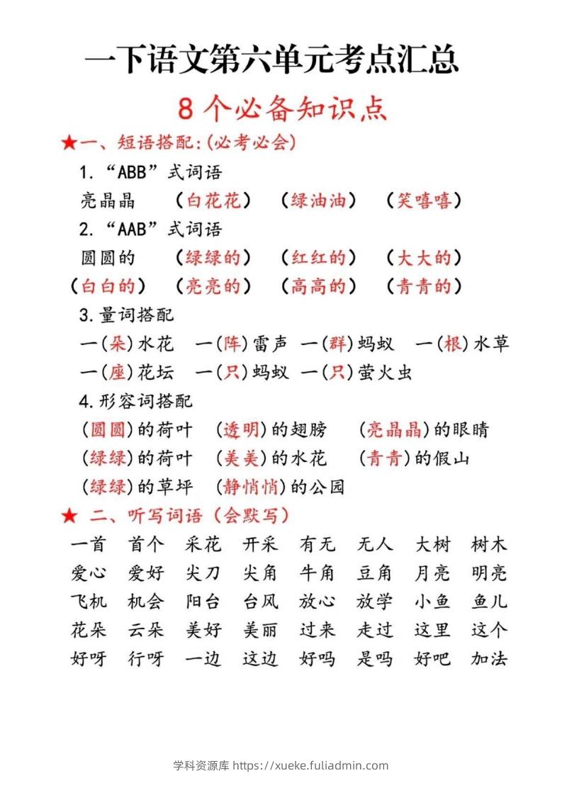一下语文第六单元考点汇总-学科资源库