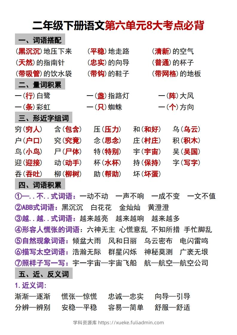 二年级下册语文第六单元8大考点必背-学科资源库