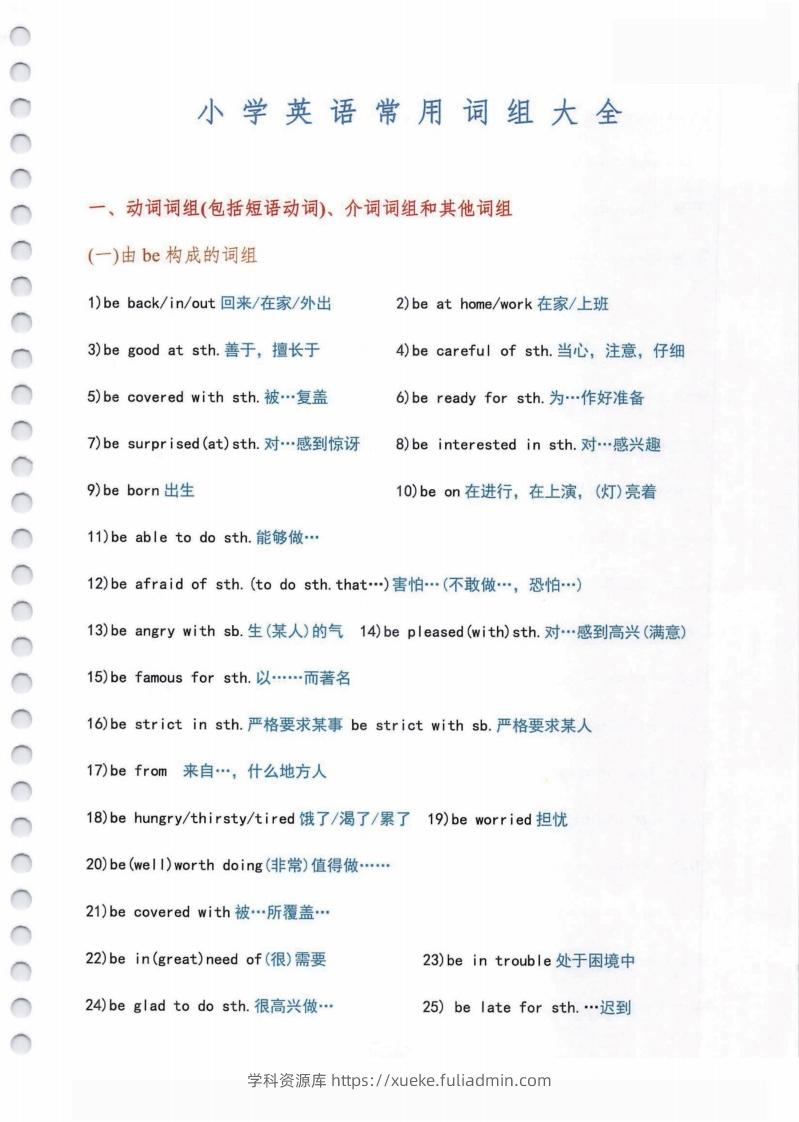 小学英语常用必考词组大全（含动词介词量词等其他词组）共11页-学科资源库