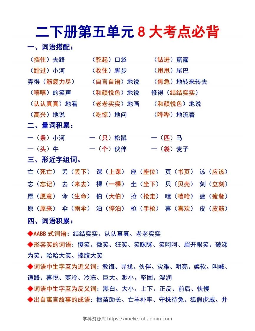 二下语文【第五单元8大考点必背】-学科资源库