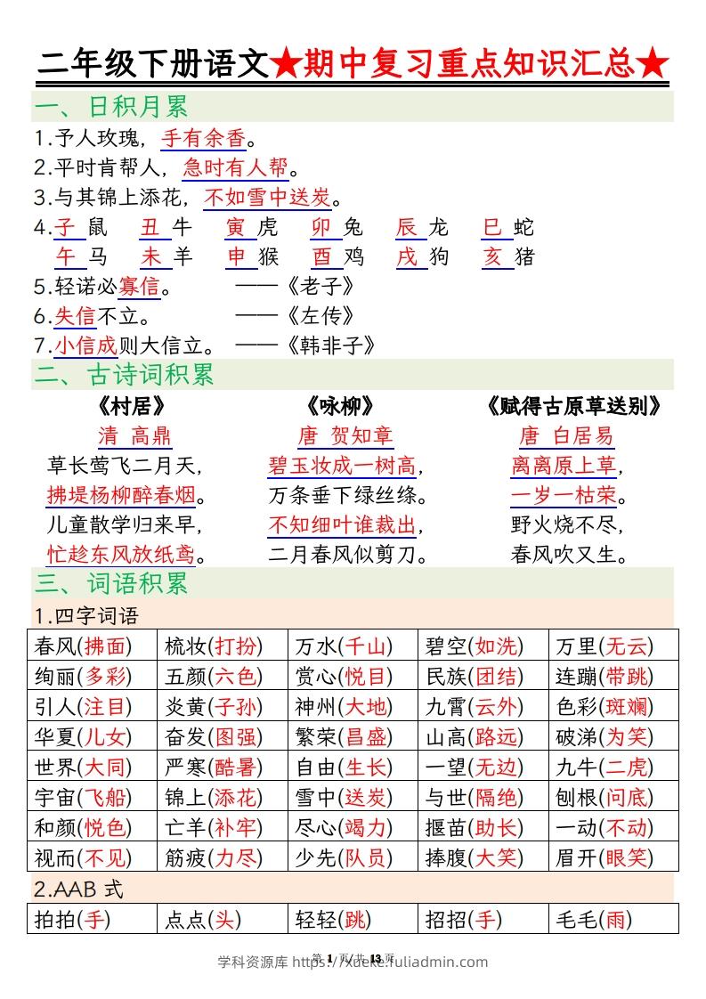 【语文】二年级下册语文期中重点知识汇总(1)-学科资源库