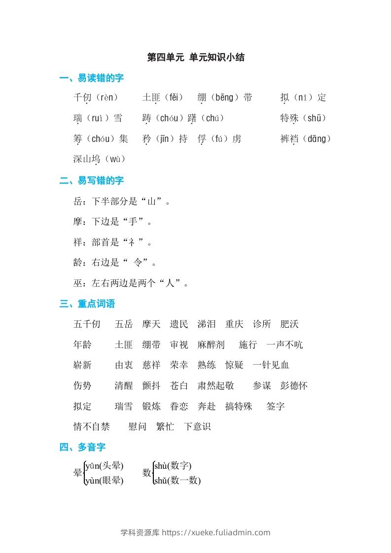 五年级语文下册第四单元单元知识小结（部编版）-学科资源库