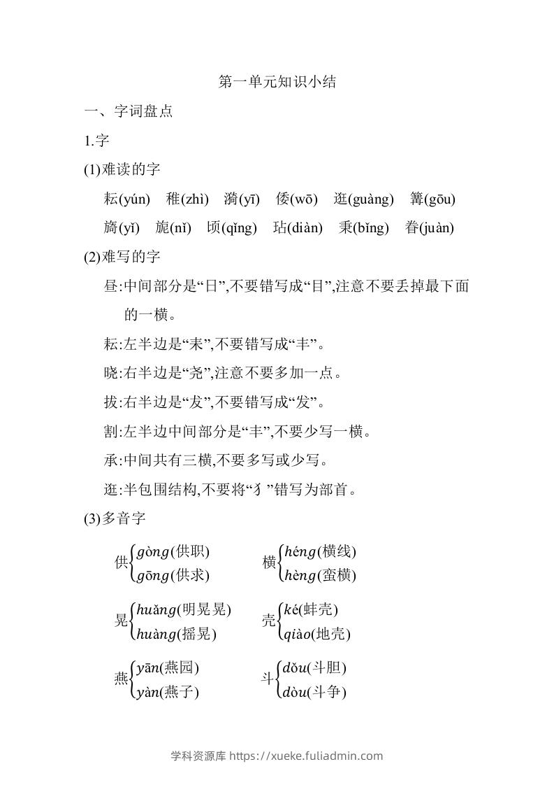 五年级语文下册第一单元知识小结（部编版）-学科资源库