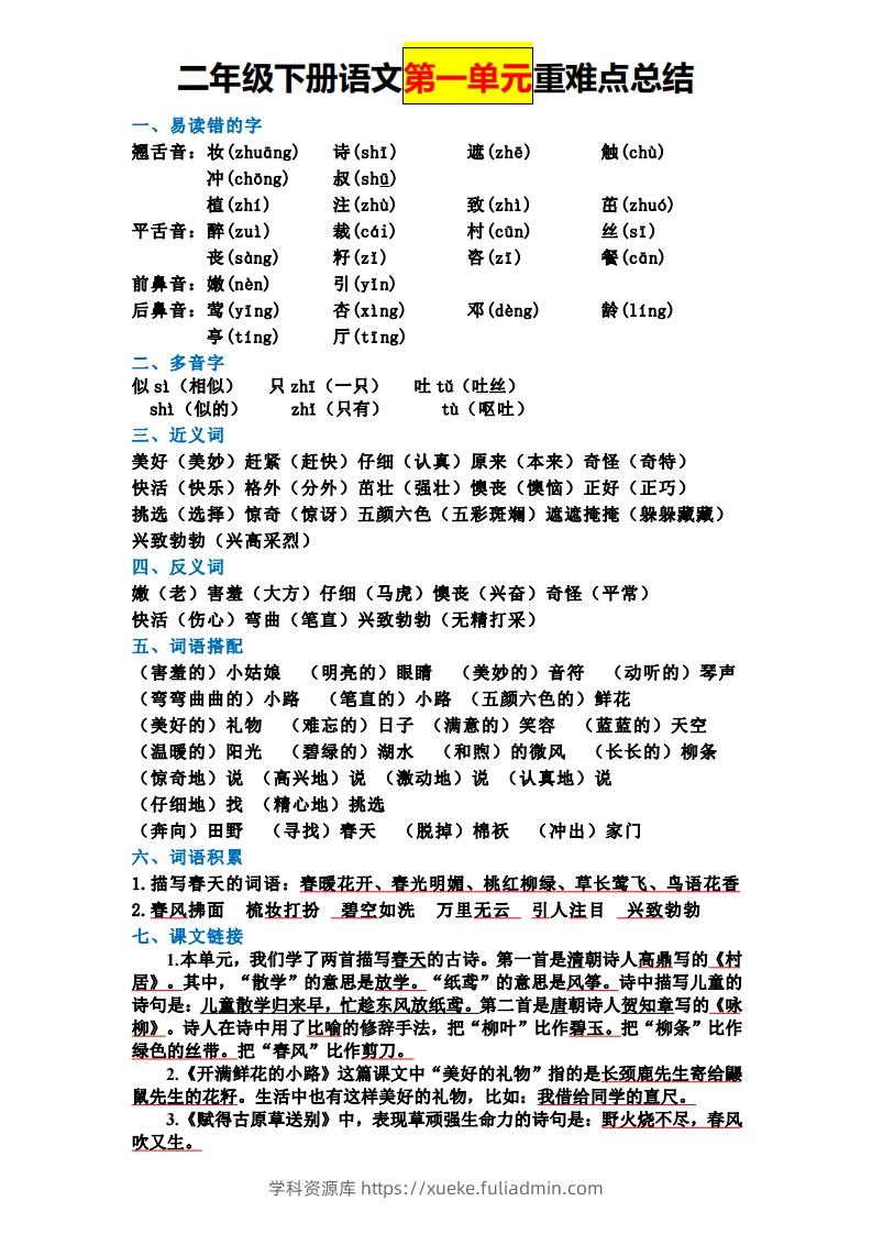 【全册单元重难点总结】二下语文-学科资源库