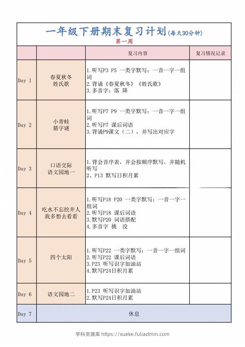 一下语文复习计划表-学科资源库