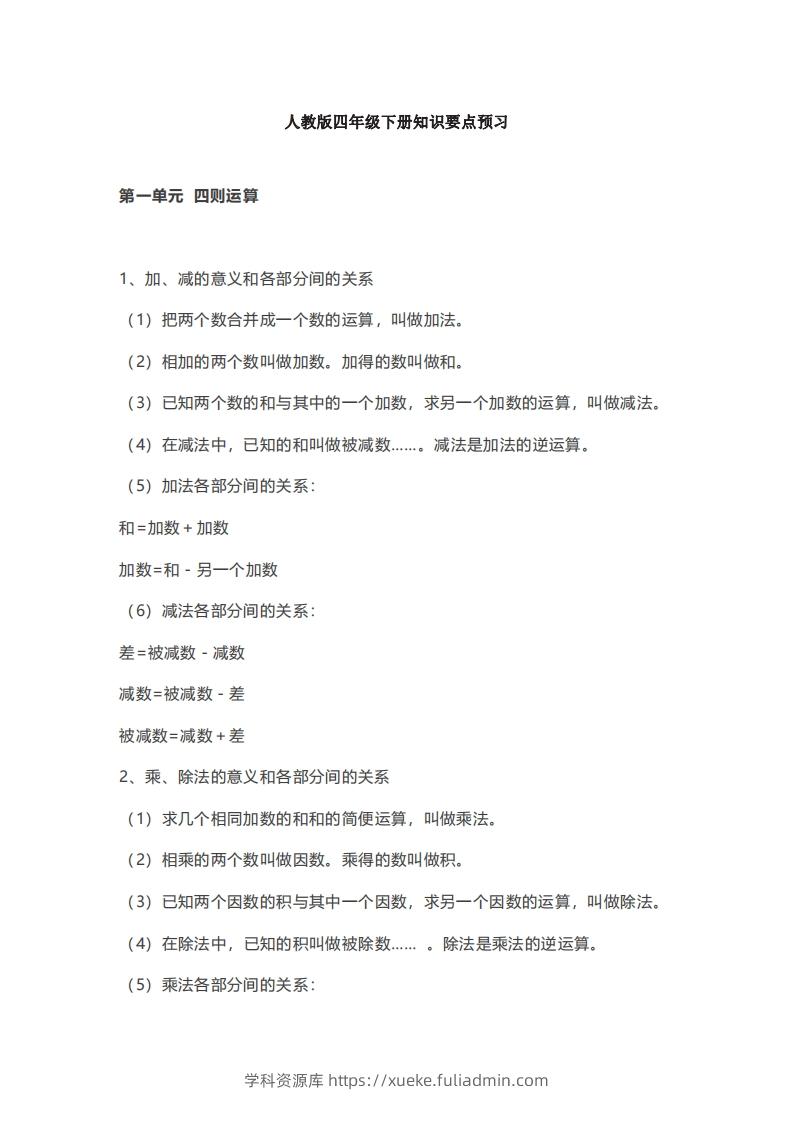 数学四年级下册必背知识点汇总-学科资源库