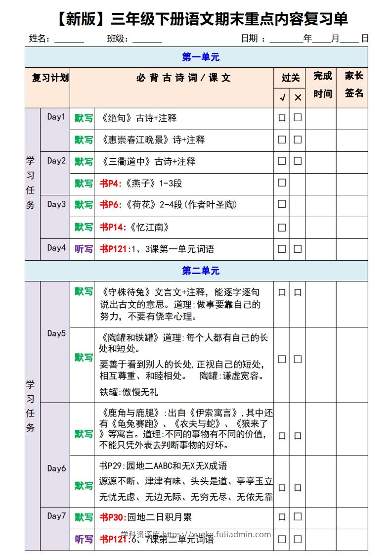 【新版】三年级下册语文期末重点内容复习单-学科资源库