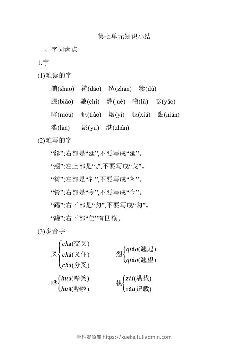 五年级语文下册第七单元知识小结（部编版）-学科资源库