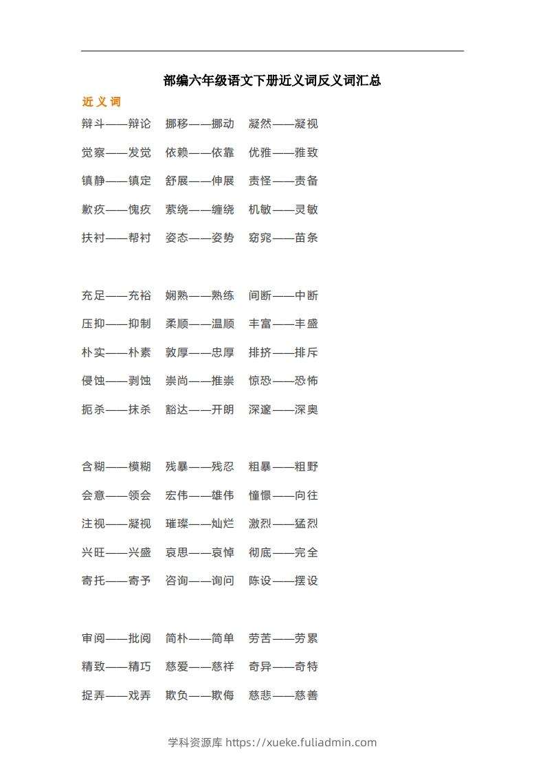 六年级语文下册近义词反义词汇总（部编版）-学科资源库