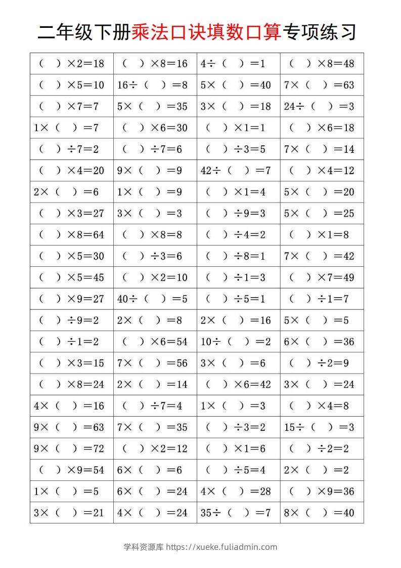 二下数学【乘法口诀和混合运算专项练习】-学科资源库