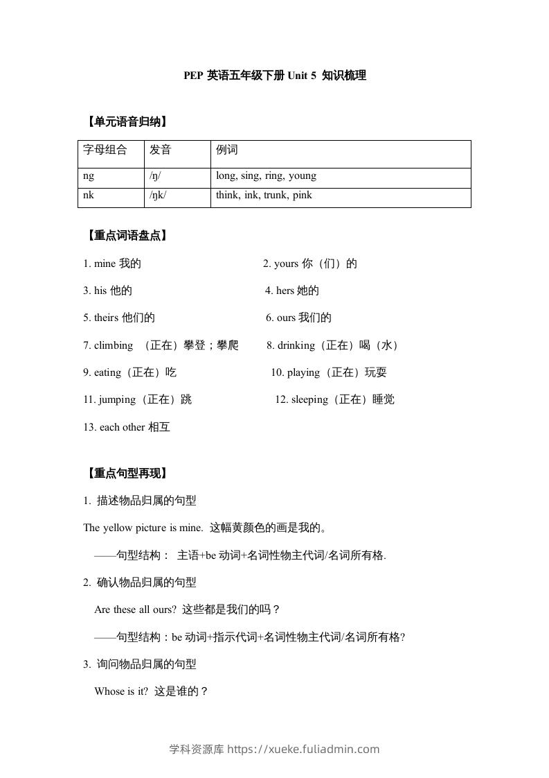 五年级英语下册【完美】单元知识梳理-Unit5Whosedogisit（人教PEP版）-学科资源库