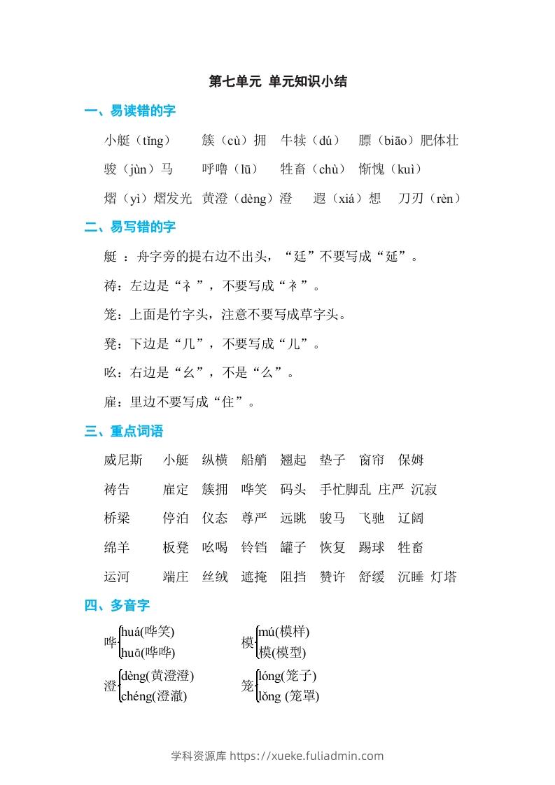 五年级语文下册第七单元单元知识小结（部编版）-学科资源库