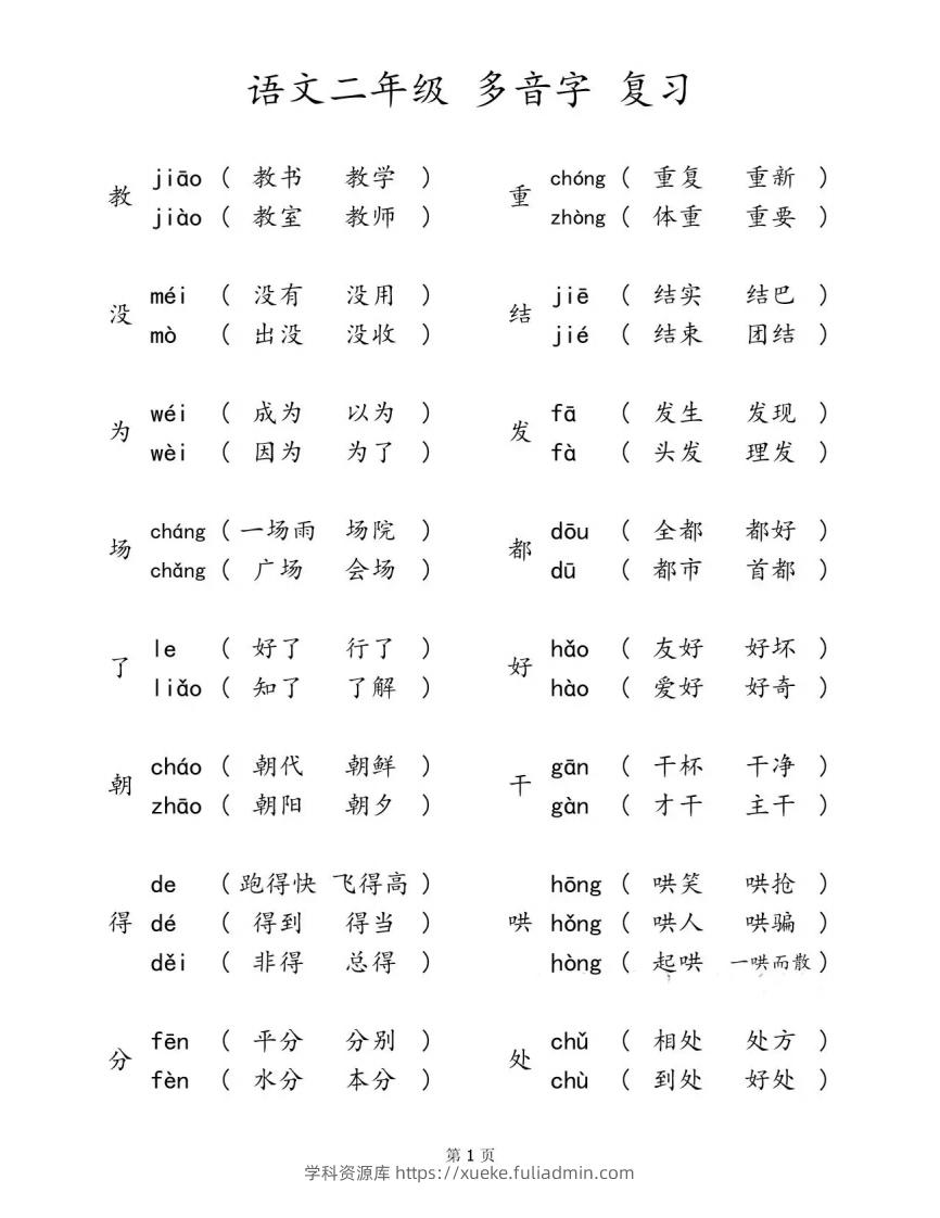 二下语文【多音字汇总归纳】-学科资源库