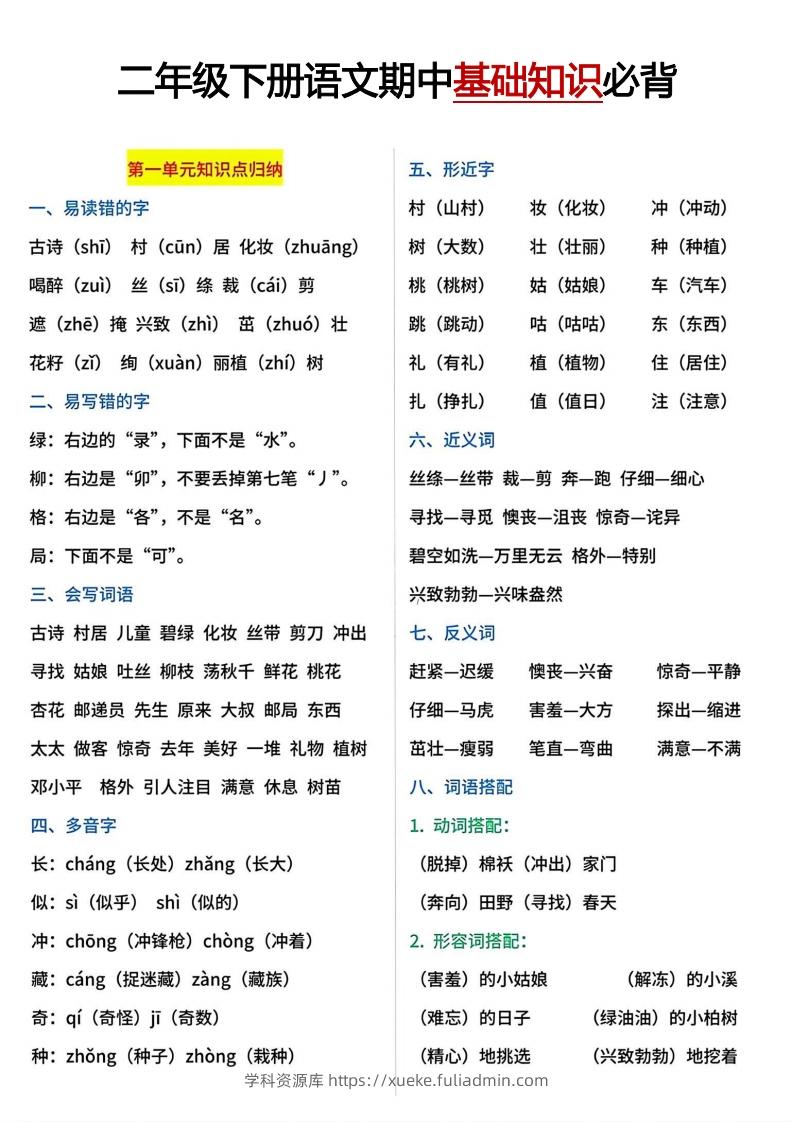二年级下册期中基础知识必背-学科资源库