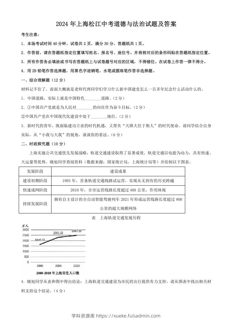 图片[1]-2024年上海松江中考道德与法治试题及答案(Word版)-学科资源库