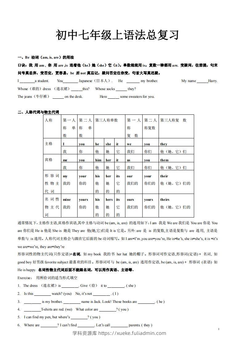 2022-2023学年英语七年级上语法总复习-学科资源库