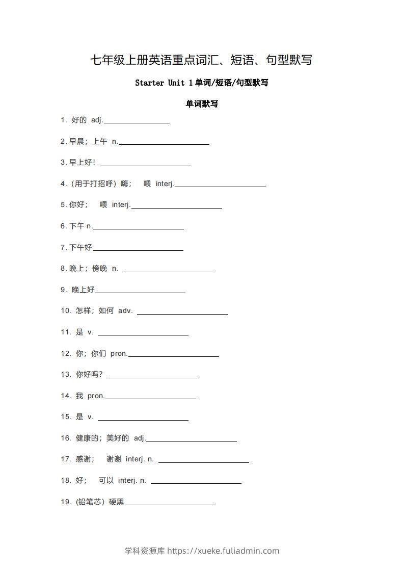 七年级上册英语重点词汇短语句型默写版-学科资源库