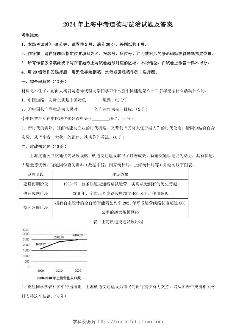 2024年上海中考道德与法治试题及答案(Word版)-学科资源库