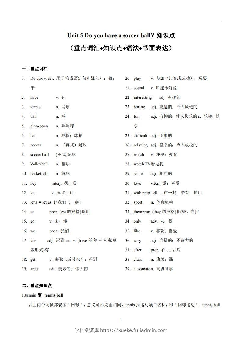 人教版英语七年级上Unit5Doyouhaveasoccerball？知识点-学科资源库