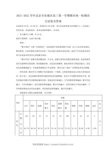 2021-2022学年北京市东城区高三第一学期期末统一检测语文试卷及答案(Word版)-学科资源库