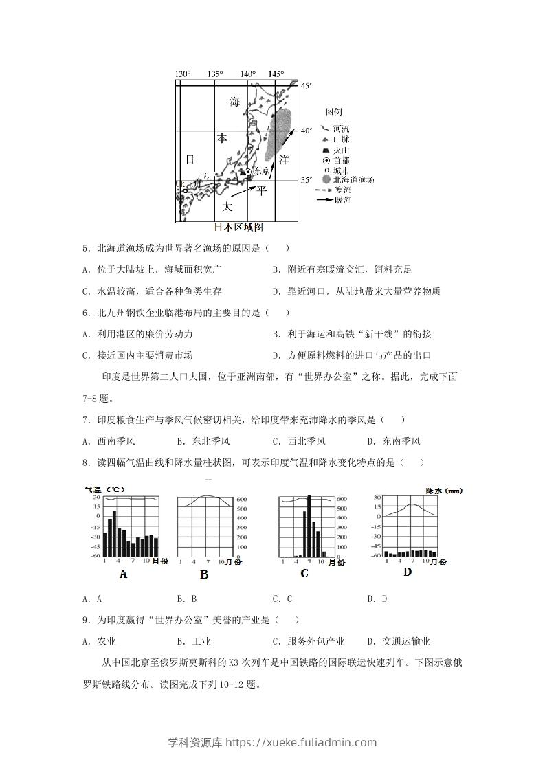 图片[3]-2020-2021学年七年级下册地理期末试卷及答案人教版(Word版)-学科资源库