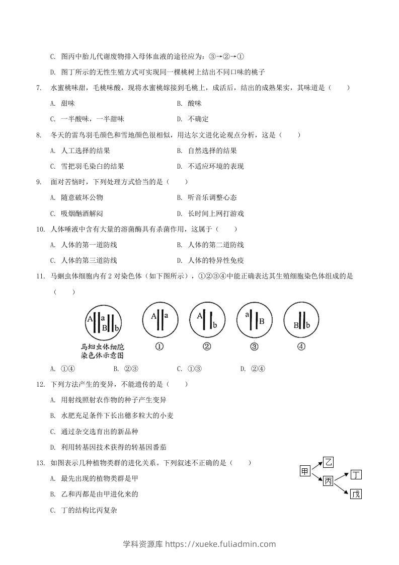 图片[2]-2020-2021学年山西省临汾市襄汾县八年级下学期期末生物试题及答案(Word版)-学科资源库