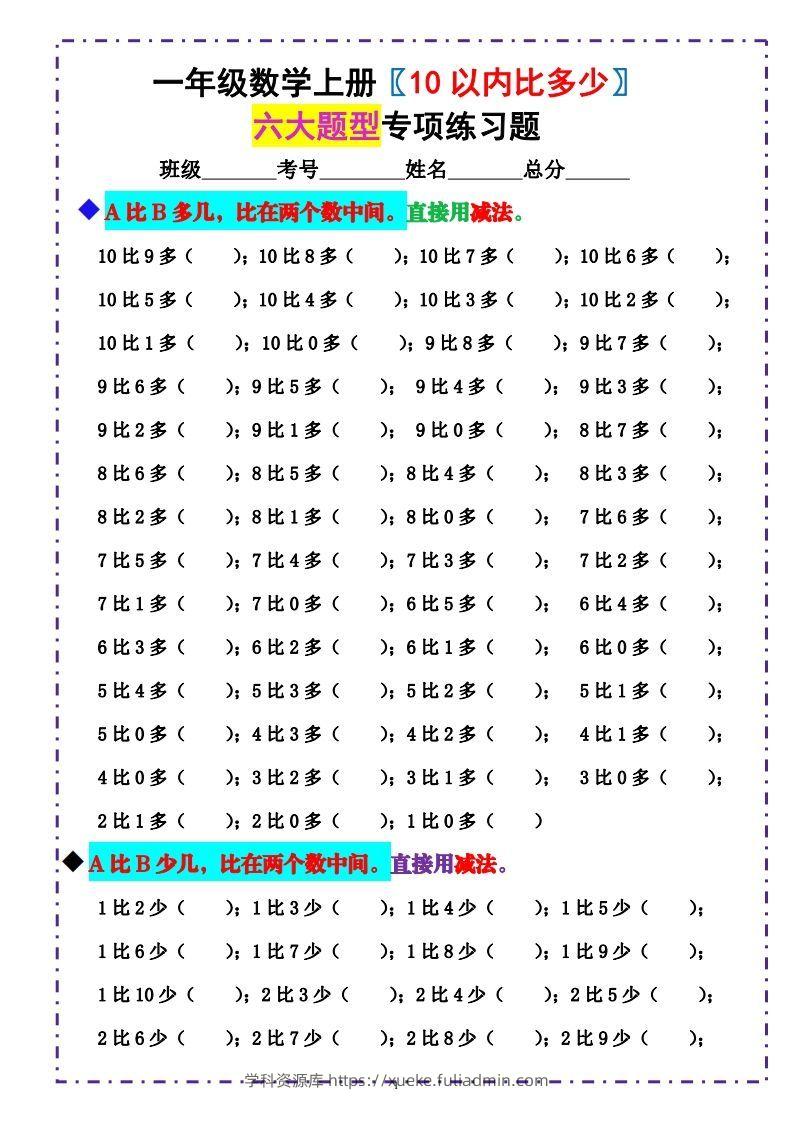 一上数学-《10以内比多少》填空题六大题型（含答案）-学科资源库