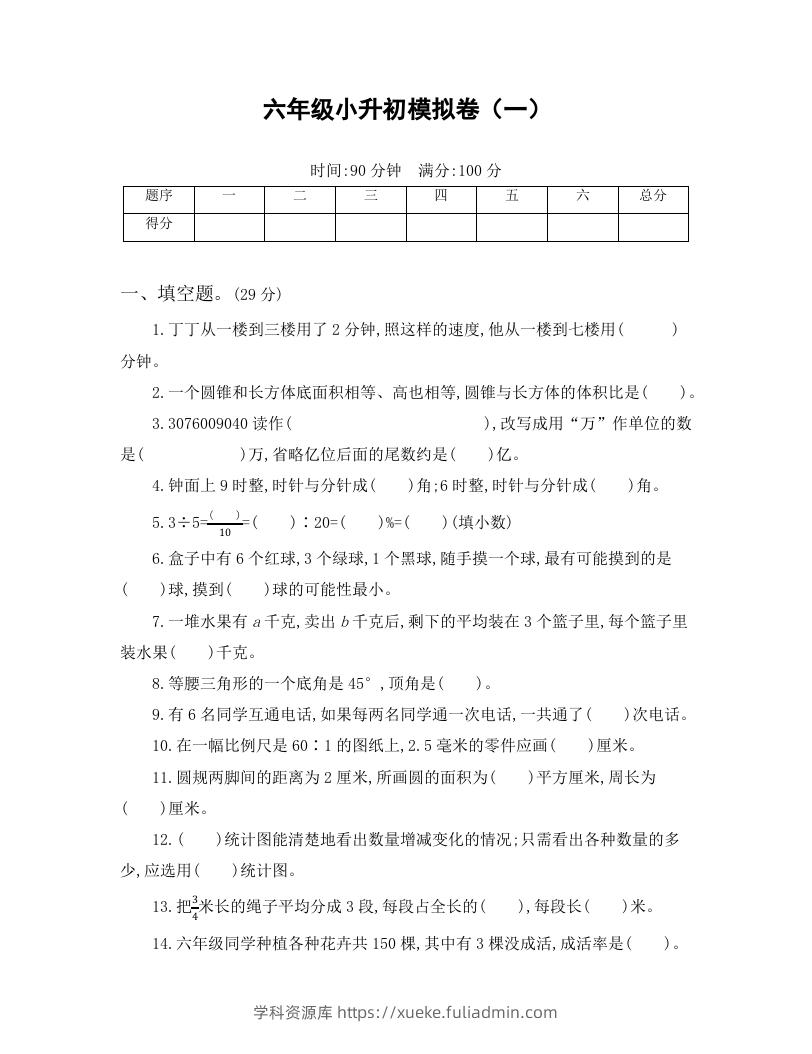 六年级小升初模拟卷（一）(1)-学科资源库