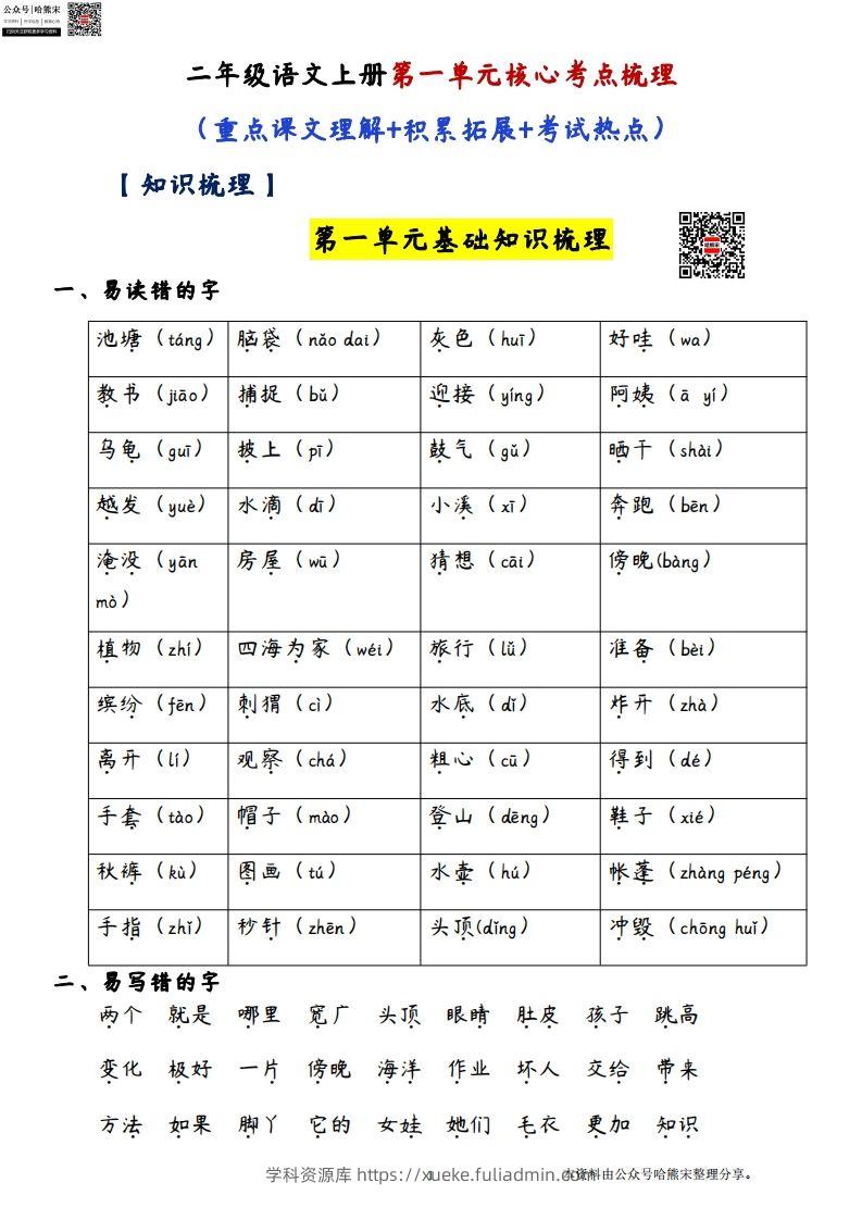二年级语文上册第一单元核心考点梳理（重点课文理解积累拓展考试热点）-学科资源库