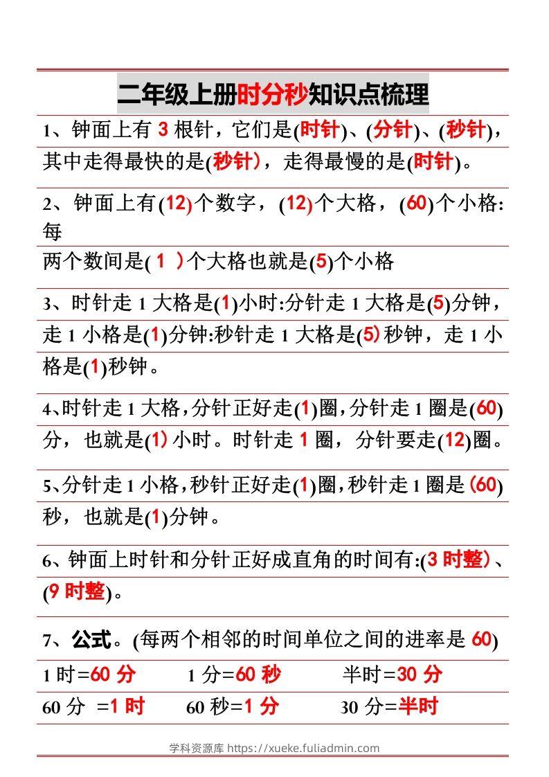 二年级上册数学时分秒知识点梳理-学科资源库