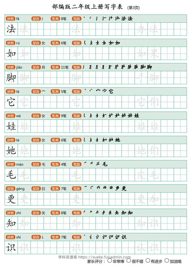 图片[3]-部编版二年级上册语文写字表《田字格字帖》-学科资源库