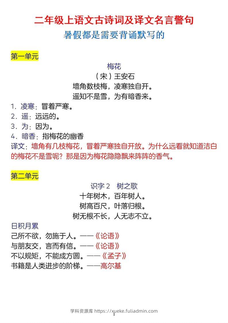 二年级上册语文古诗词及译文名言警句-学科资源库